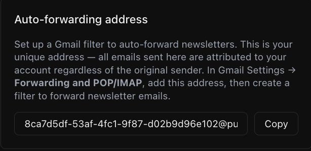 Pulse settings showing auto-forwarding address and copy button