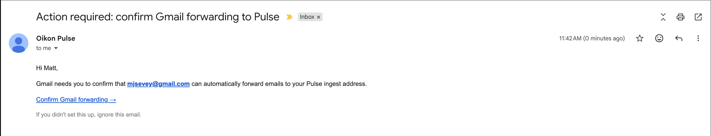 Pulse confirmation email: Action required — confirm Gmail forwarding to Pulse