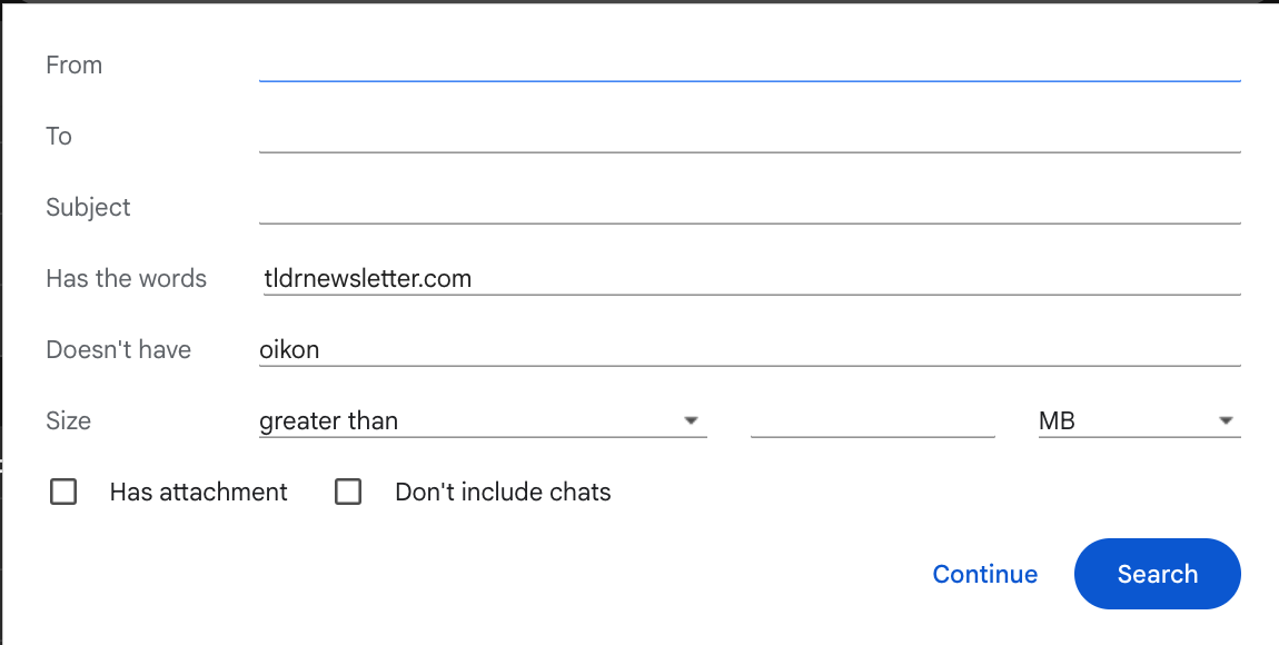 Gmail filter criteria showing Has the words and Doesn't have fields