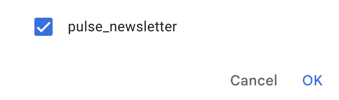 pulse_newsletter label checked with OK button
