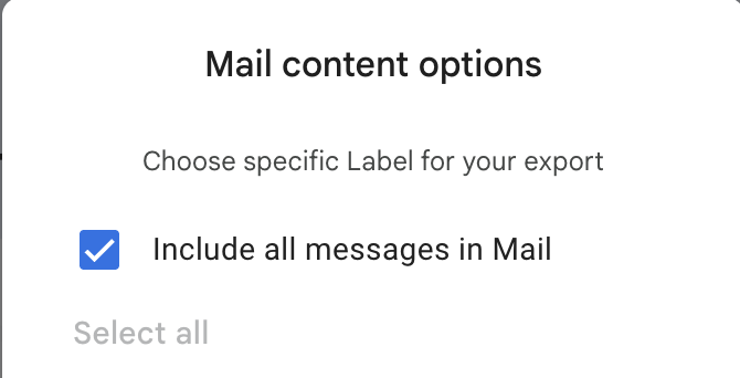 Mail content options dialog with Include all messages in Mail checked