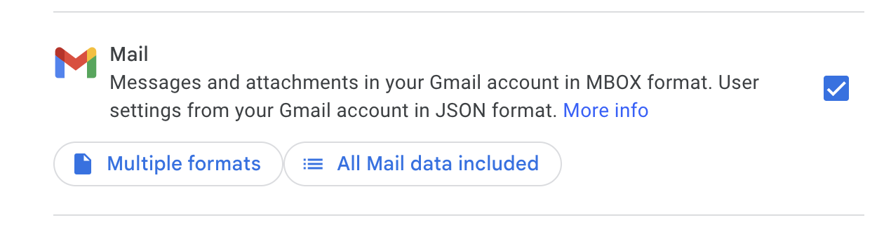Mail row checked with Multiple formats and All Mail data included buttons