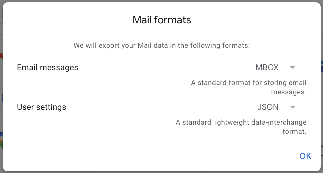 Mail formats dialog showing MBOX for email messages