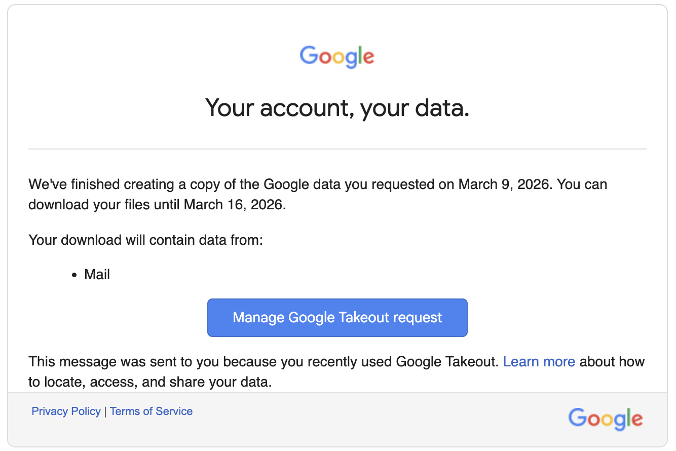Google Takeout ready email with download link
