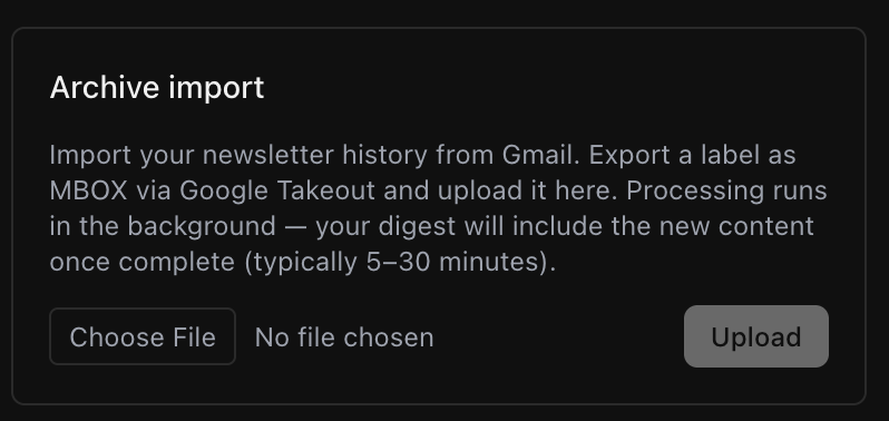 Archive import section showing Choose File and Upload button